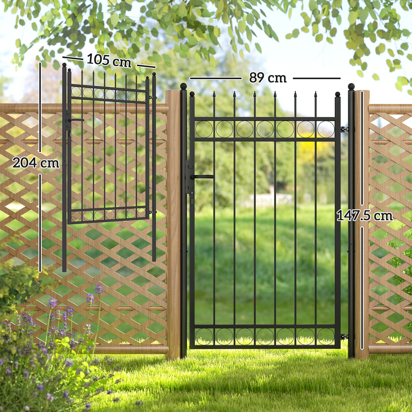 Outsunny Galvanised Steel Garden Gate, Outdoor Fence Gate Security Barrier with Lock, Keys and Handle, Outdoor Entrance Way Door with Classic Finials, 105 x 204 cm, Black--ChewyGames-ChewyGames