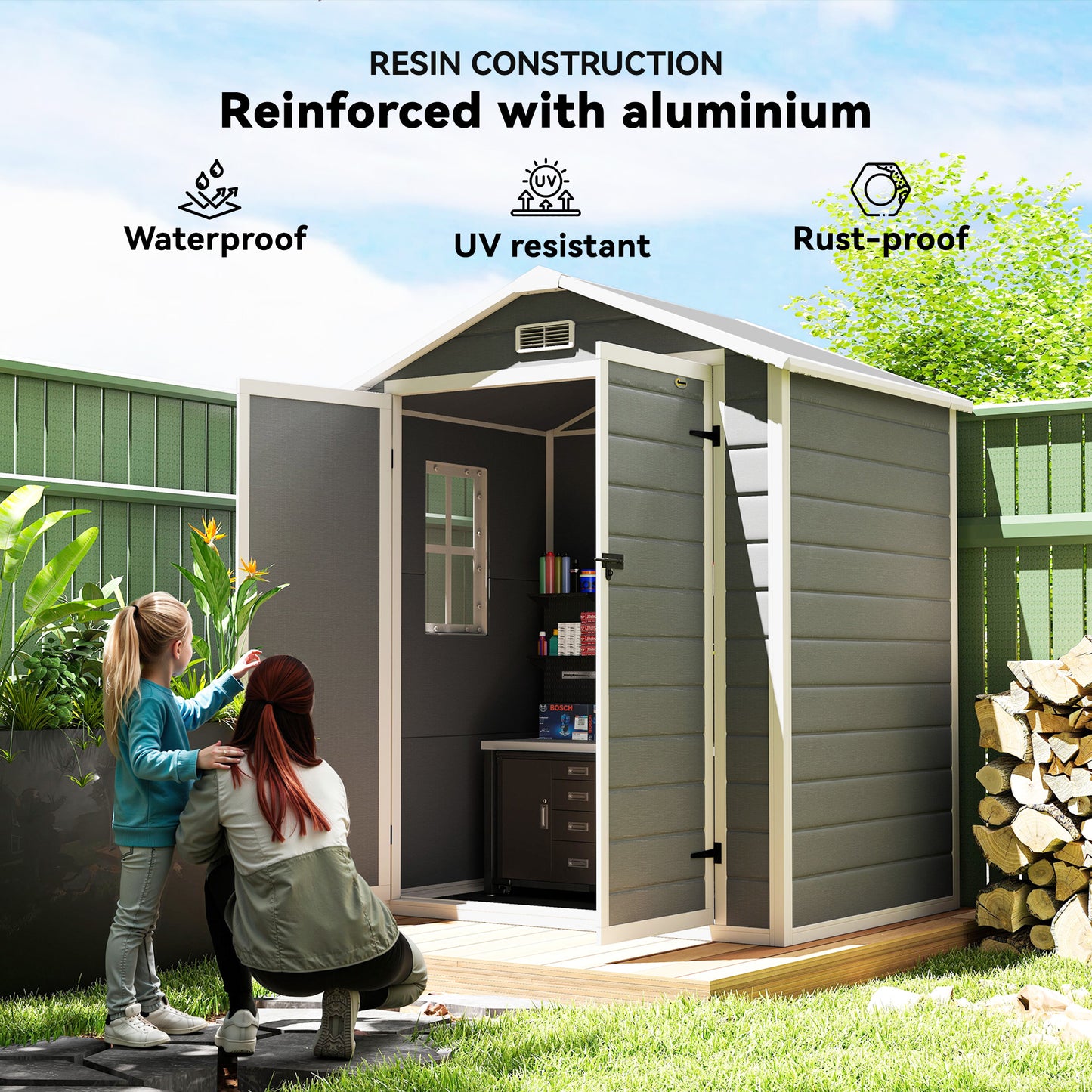 Outsunny 6x4.5ft Garden Storage Shed, Lockable Shed for Small Terraced Gardens with Double Doors, Window, Vent and Plastic Roof, Low Maintenance, Grey