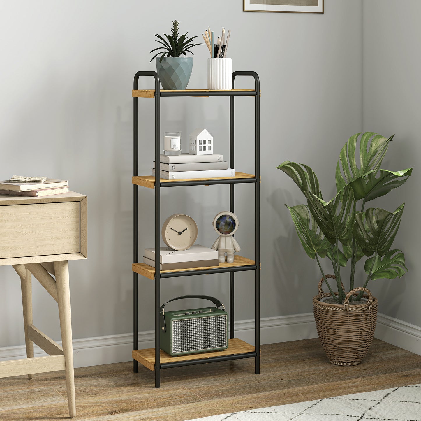 HOMCOM 4-Tier Bamboo Bathroom Storage Shelf, Freestanding Narrow Shelving Unit with Slatted Shelves for Kitchen Bathroom Living Room, 41.5 x 21.5 x 106 cm, Natural and Black