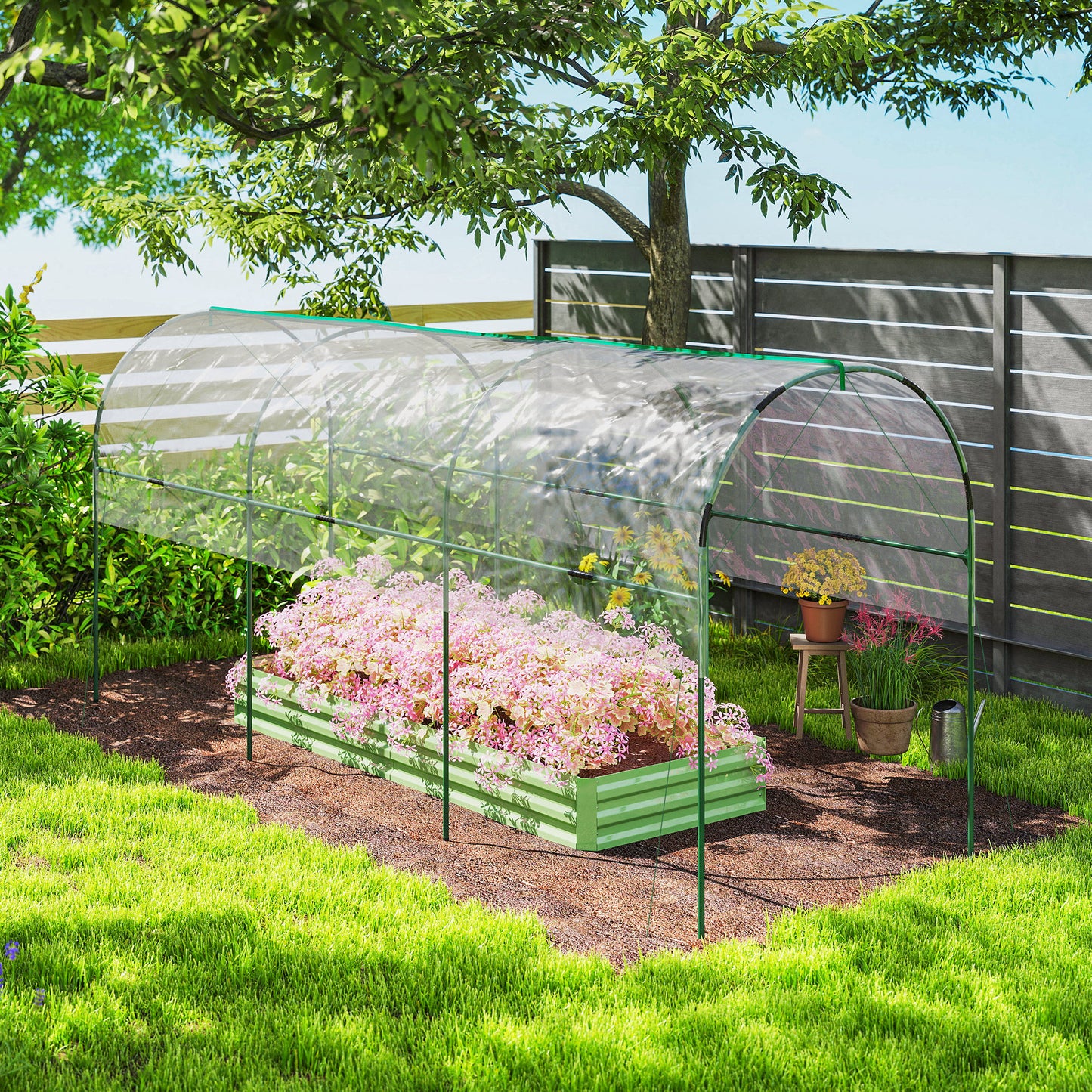 Outsunny Tunnel Tomato Greenhouse with 4 Hoops and Top Tap, Pointed Bottom and Guy Ropes, 400 x 123 x 171 cm, Clear