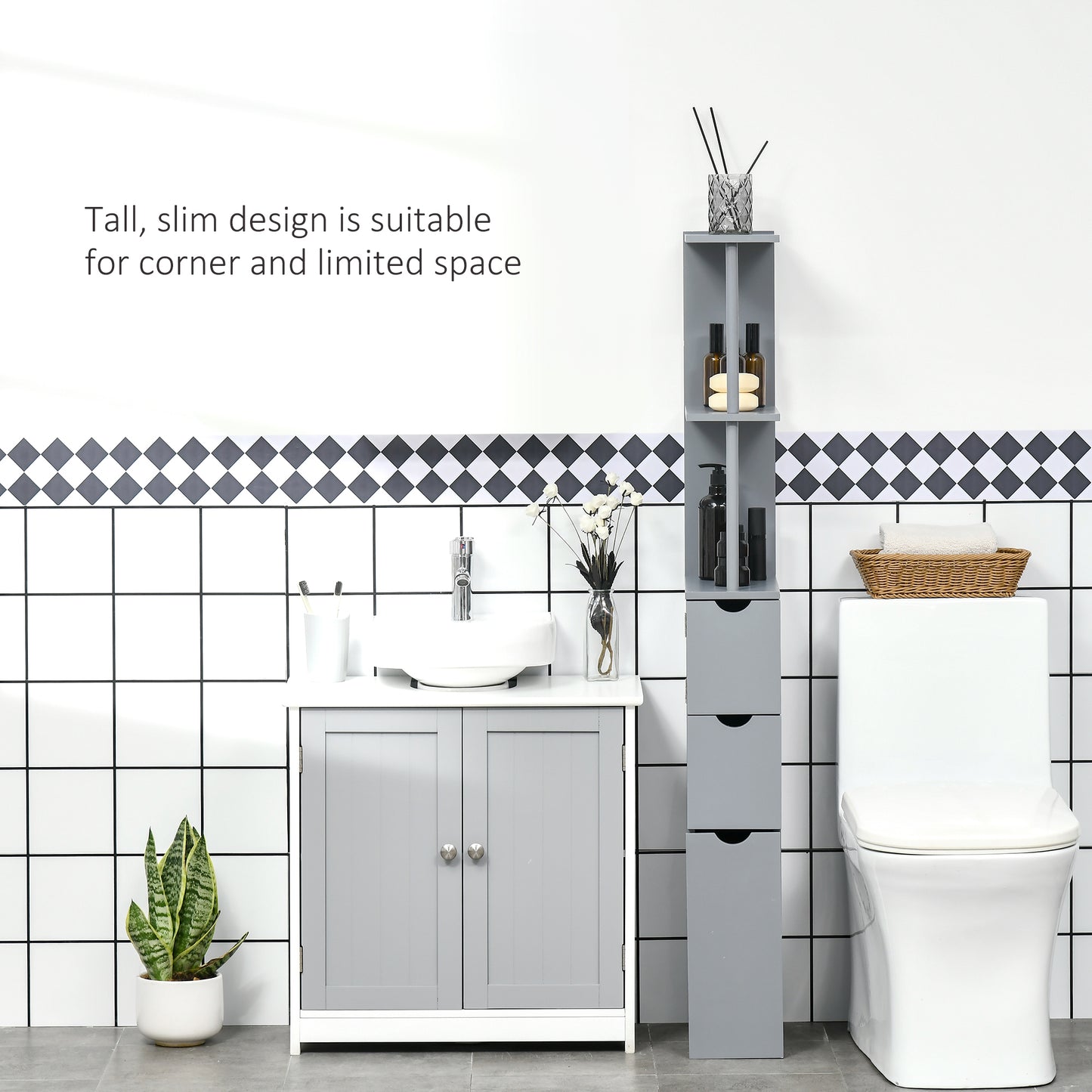 HOMCOM Tall Bathroom Cabinet, Freestanding Slim Bathroom Storage Cabinet with 2-Tier Open Shelf and 2 Drawers for Small Space, Narrow Cupboard Storage Unit, Grey