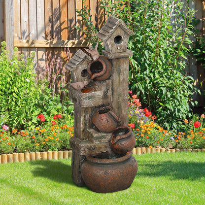 Outsunny 2-in-1 Waterfall Fountain with Birdhouse, Resin Garden Water Fountain with LED Lights Pump, Cascading Garden Water Feature with Tree Trunk Design, Multi-colour