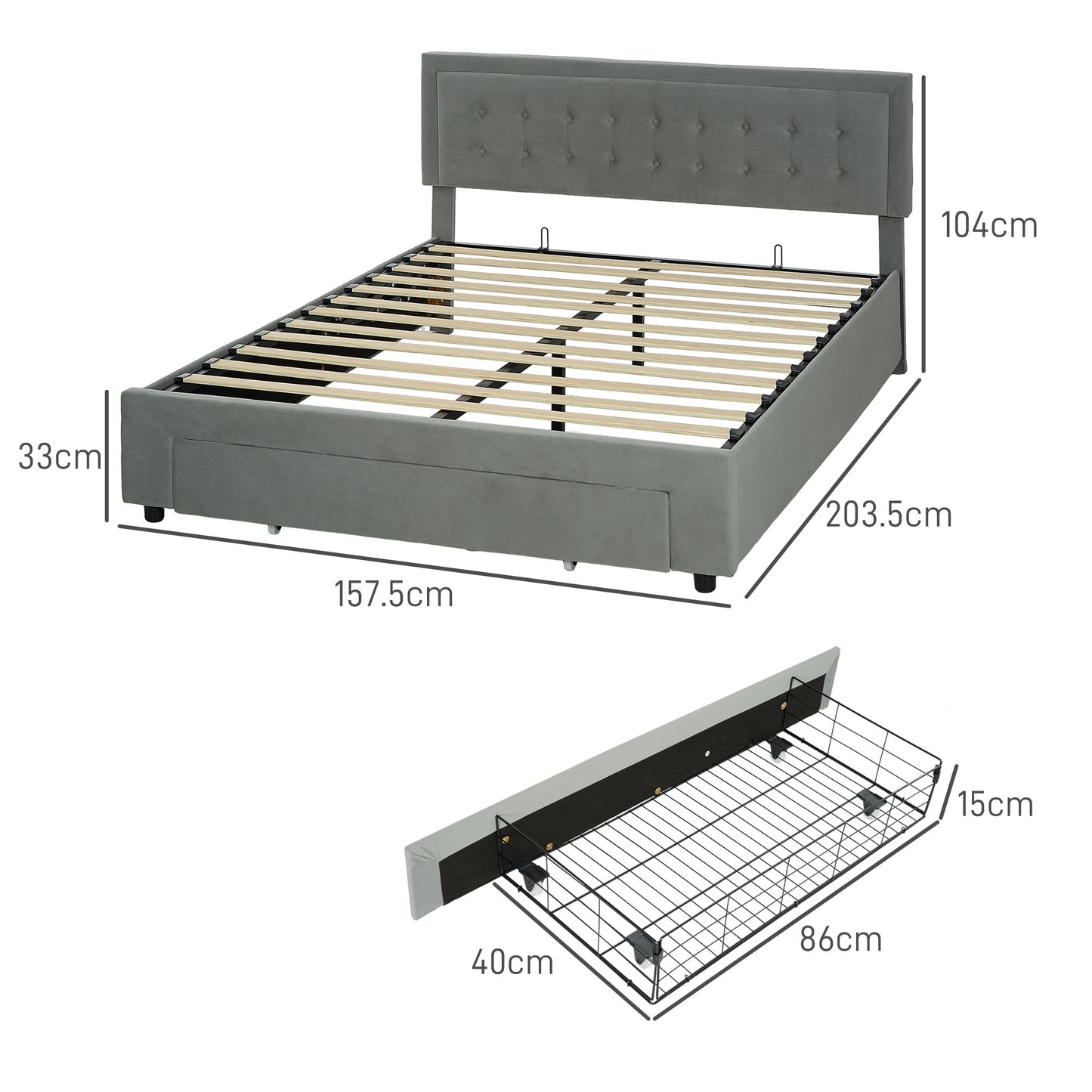 HOMCOM King Size Ottoman Bed Frame, with Front Drawer Grey