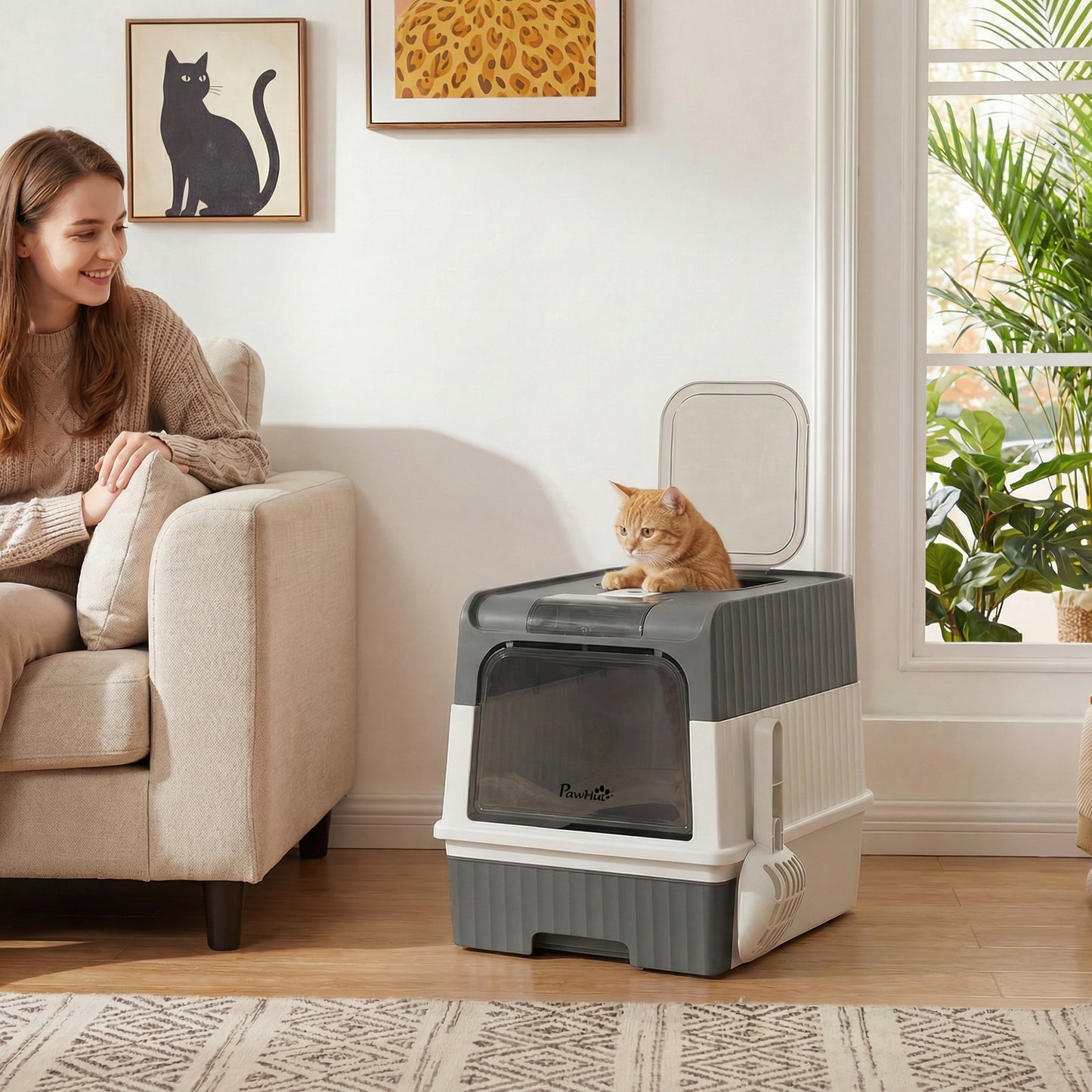 PawHut Enclosed Cat Litter Box with Lid, Pull-Out Drawer Tray, Scoop, 4 Deodorisation Bags, Front Entry & Top Exit, Grey