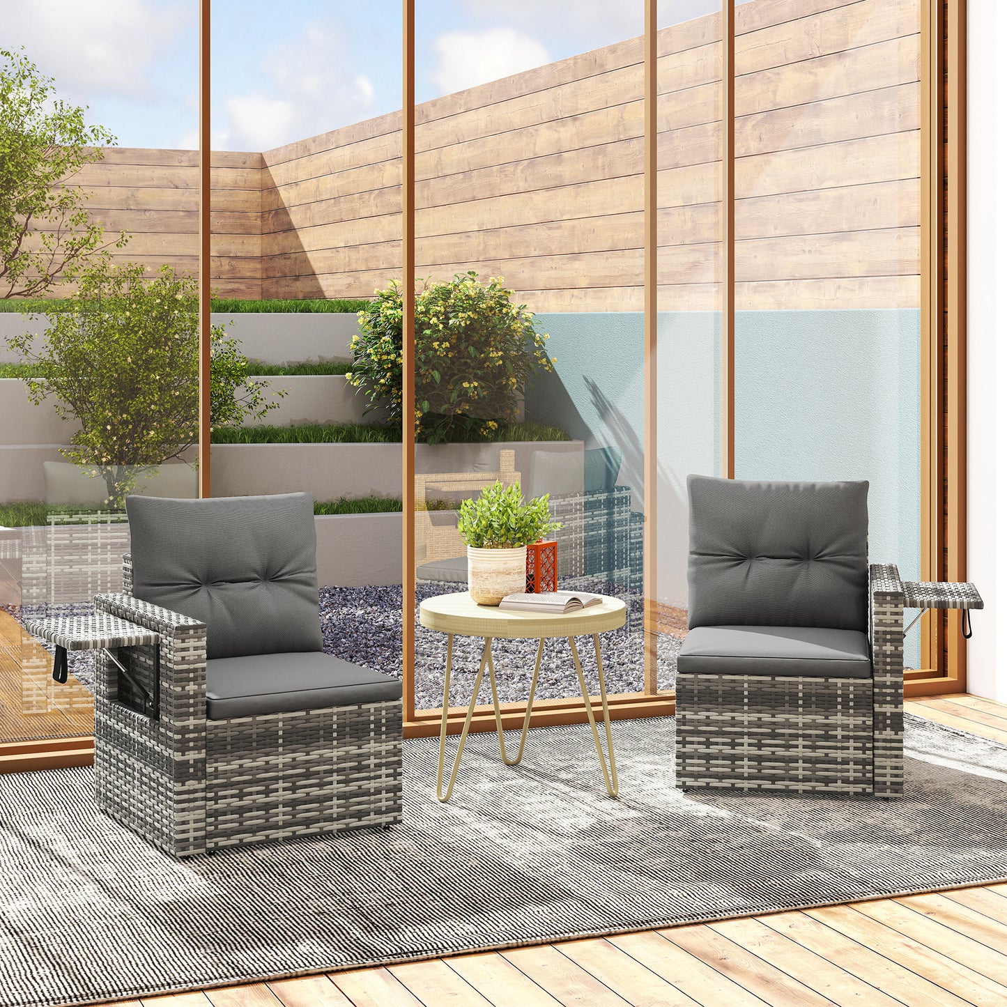 Outsunny 2 Seater Rattan Garden Sofa Outdoor Loveseat with Hidden Side Trays and Cushions for Patio Balcony, Dark Grey