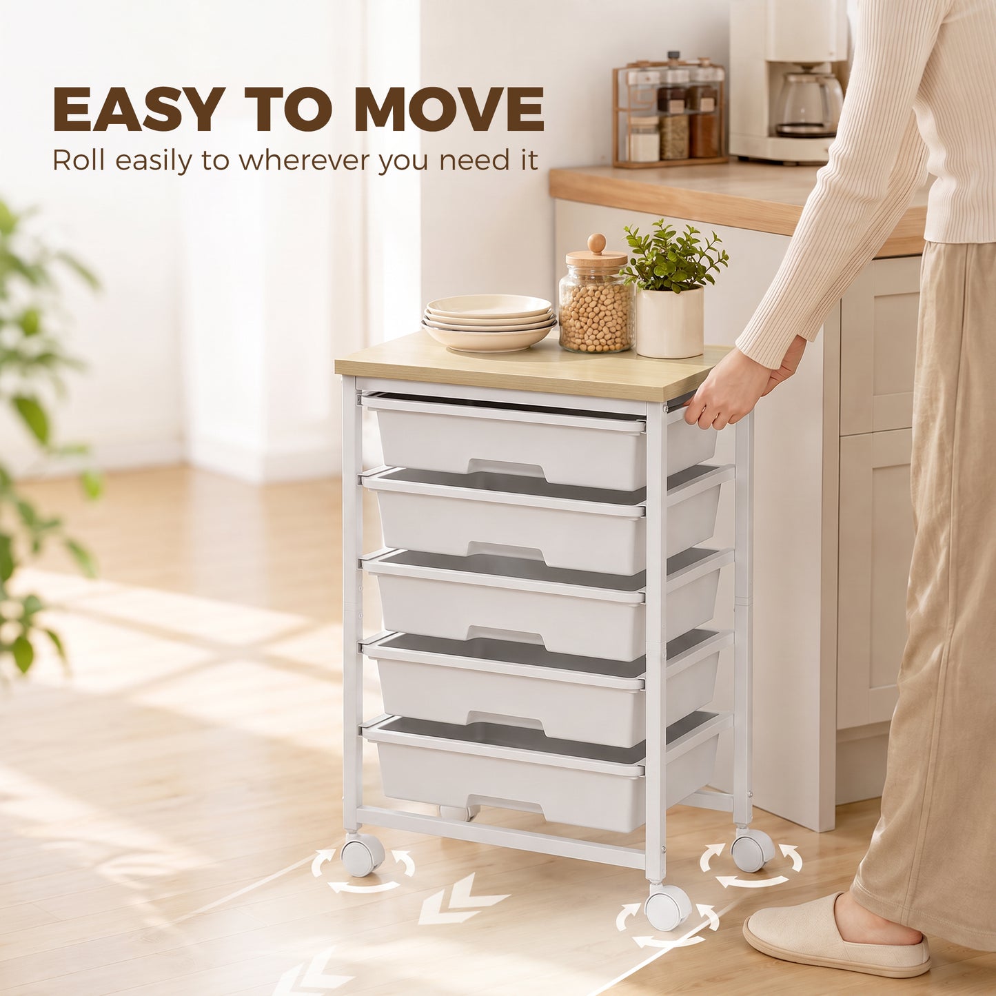 HOMCOM 6-Tier Storage Trolley on Wheels, Metal Kitchen Rolling Cart with 5 Pull-Out Drawers, White