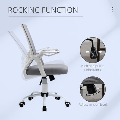 Vinsetto Home Office Chair and Computer Desk Set, Mesh Chair with with 90° Flip-up Armrest, Study Desk with Keyboard Tray and Drawer, White and Grey