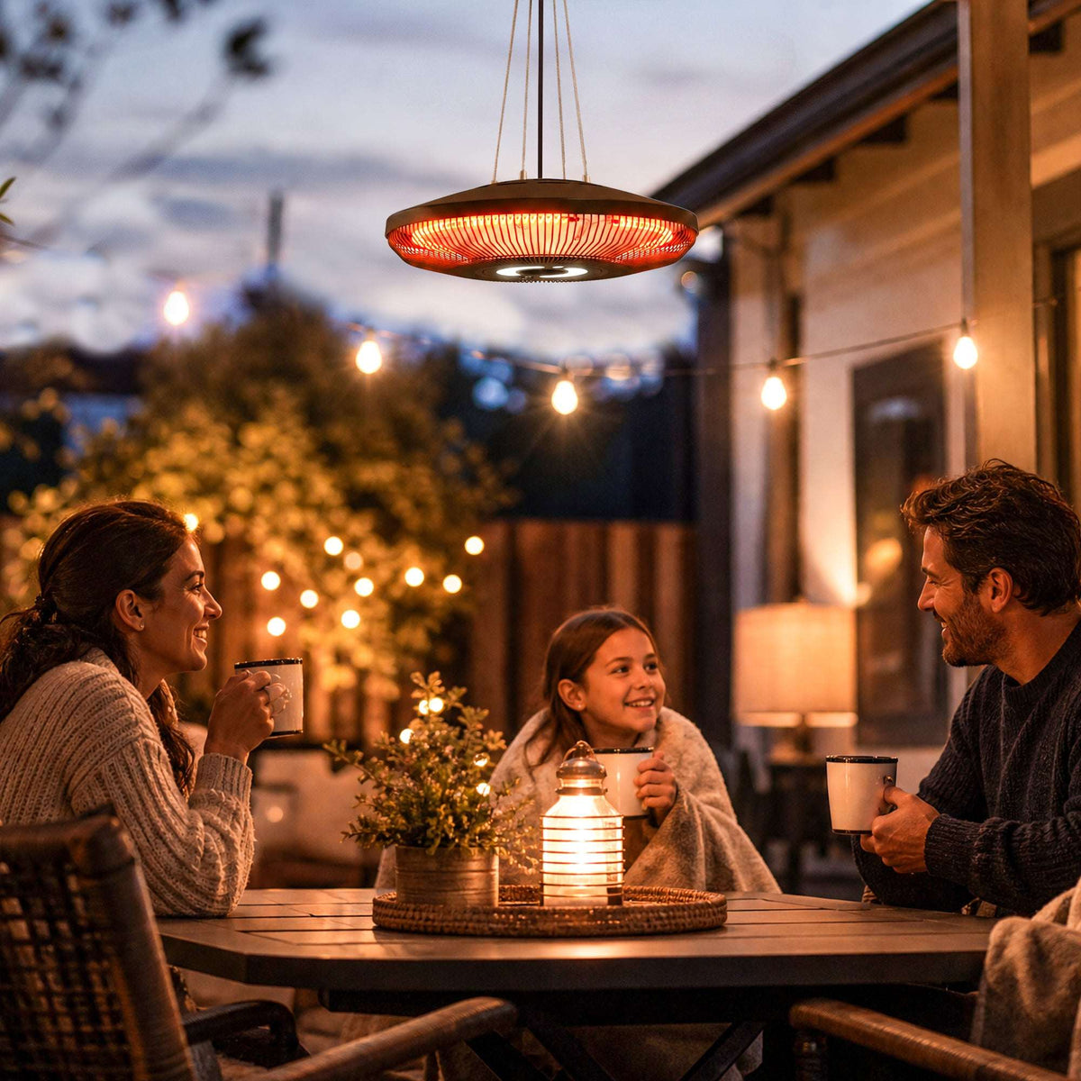 Outsunny Hanging Electric Patio Heater with LED Light, 1000/2000 W IP65 Outdoor Infrared Heater with Touch/Remote Control, Black