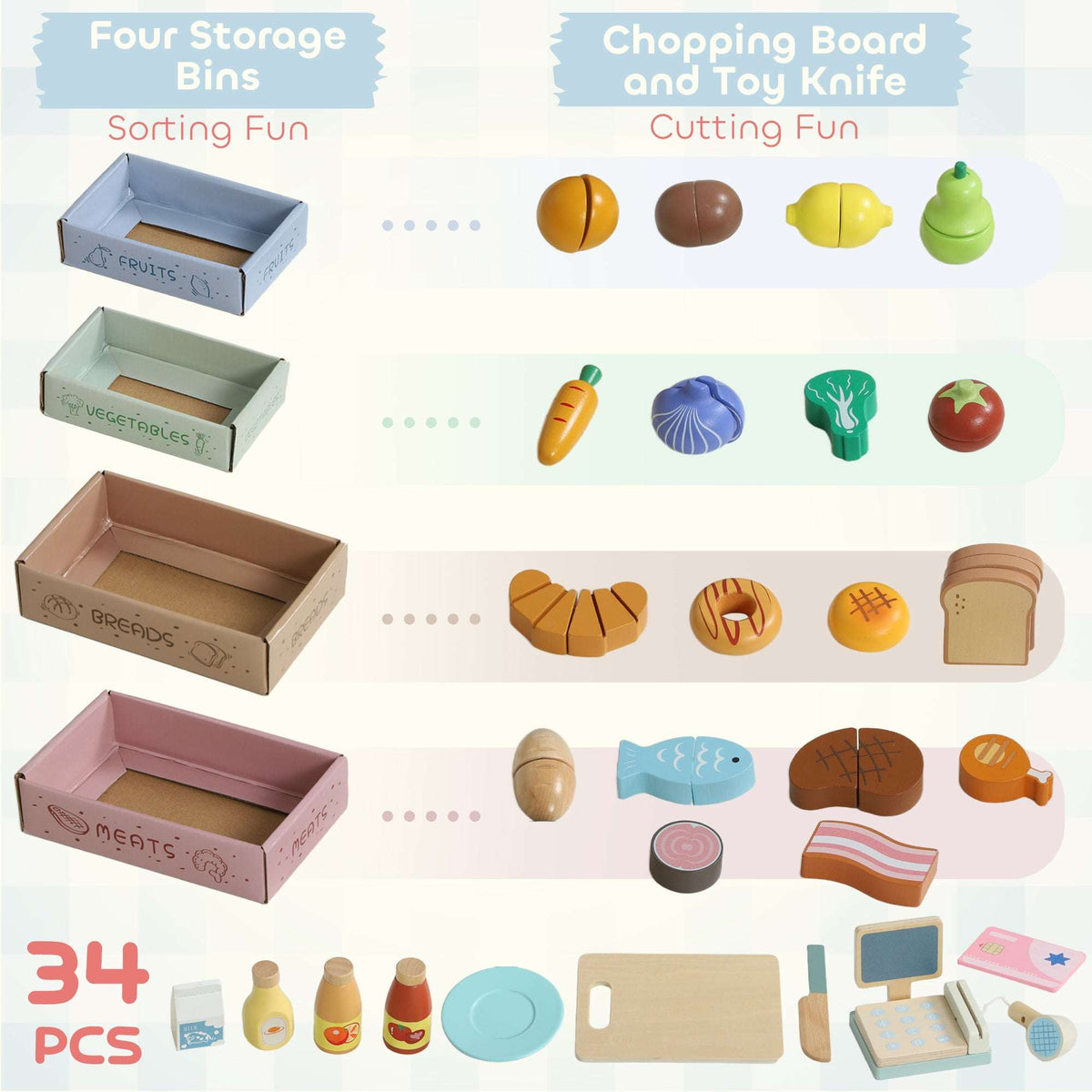 AIYAPLAY Wooden Toy Shop, Wooden Market Stall with Cash Register, Blackboard and Toy Food, 4 Storage Boxes, Ages 3+, Green