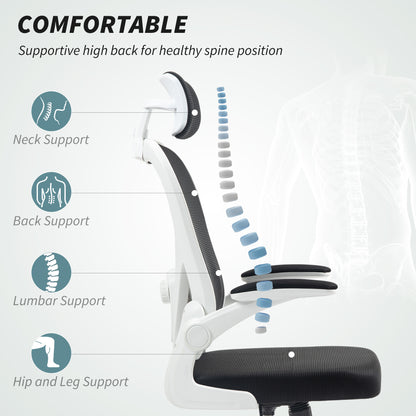 HOMCOM Executive Office Chair, Ergonomic Mesh High Back Desk Chair with Flip-up Armrest, Rotatable Headrest, Adjustable Lumbar Support for Home Study, Black