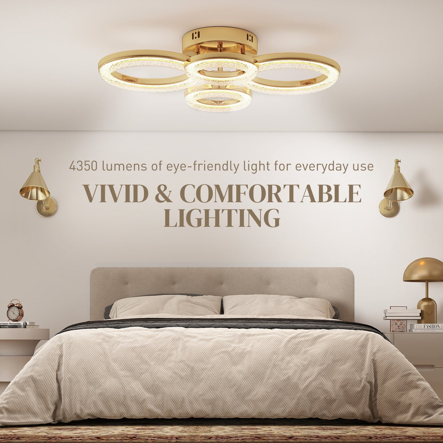 HOMCOM LED Ceiling Light, Modern Dimmable 4 Rings Ceiling Lamp with Wall Switch, 40W 4350lm Flush Mount Ceiling Light with 3500K/4500K/6000K Colour Temperatures for Living Room, Bedroom, Gold Tone
