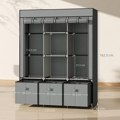 HOMCOM Foldable Fabric Wardrobe for Bedroom, Portable Wardrobe with 5 Shelves, 2 Hanging Rails and 3 Fabric Drawers, Light Grey