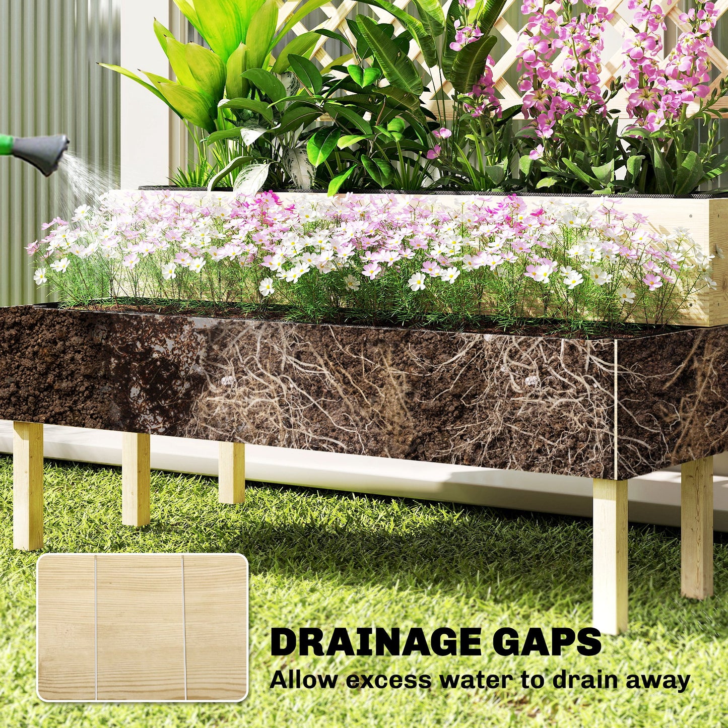 Outsunny Raised Garden Bed 2-Tier Stepped Design Planter Box with Trellis for Climbing Plants 108x62x120 cm