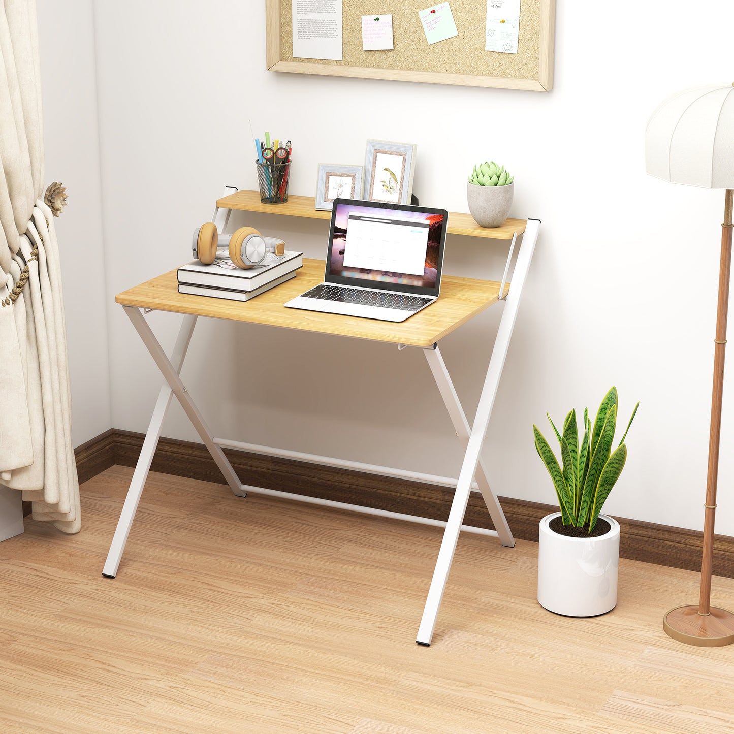 HOMCOM Compact Folding Desk for Small Spaces, Foldable Computer Desk with Storage Shelf for Home Office, 2-Tier Study Writing Table, 86 x 66 x 82 cm, Maple Wood-effect