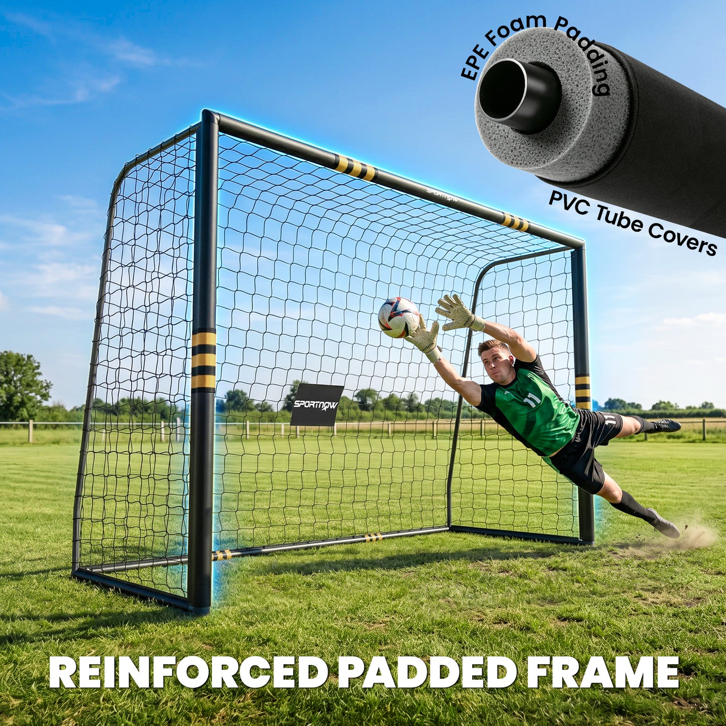 SPORTNOW Football Goal, 10 x 6.5ft Football Net with Ground Stakes, EPE Foam Padding and Metal Frame, Easy Assembly, Yellow