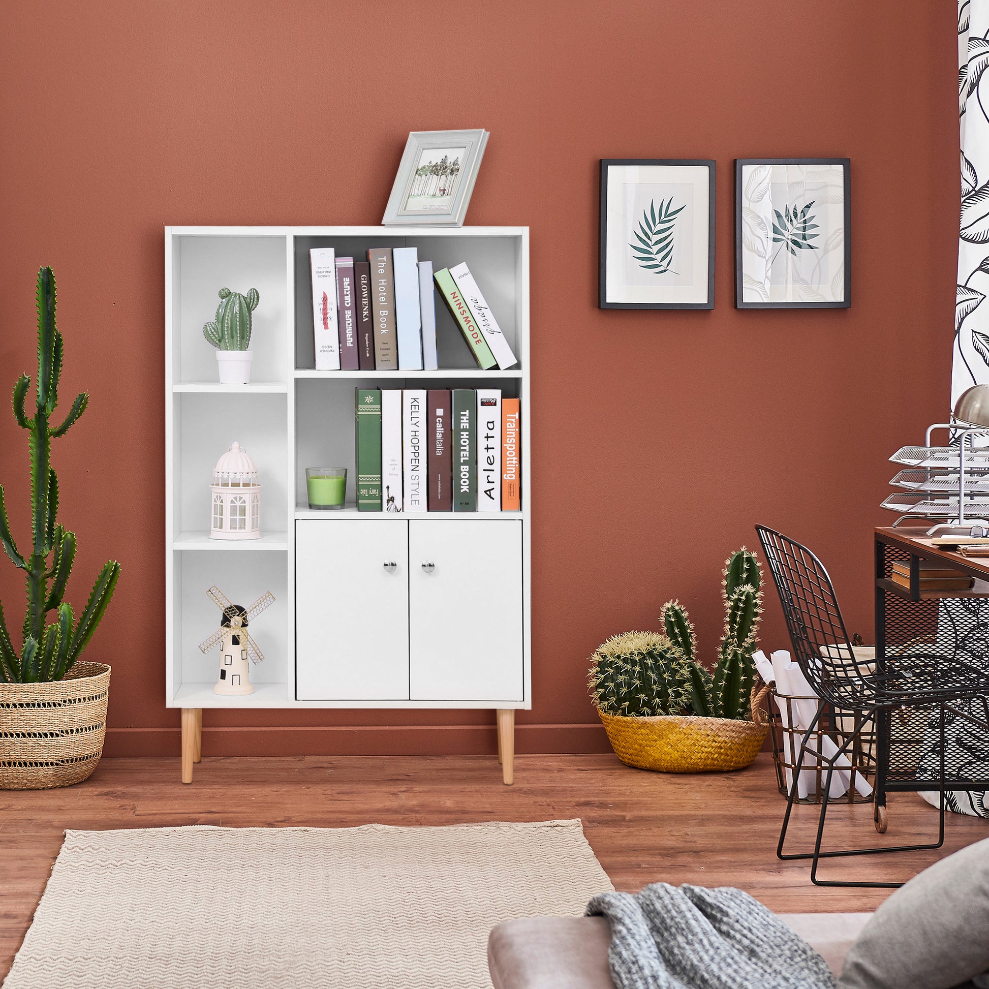 HOMCOM Sideboard Storage Cabinet Cupboard, Open Bookcase with 2 Doors 5 Compartments Wooden Modern Style for Living Room Bedroom Kitchen 80 x 23 x 123 cm, White--ChewyGames-ChewyGames