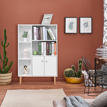 HOMCOM Sideboard Storage Cabinet Cupboard, Open Bookcase with 2 Doors 5 Compartments Wooden Modern Style for Living Room Bedroom Kitchen 80 x 23 x 123 cm, White--ChewyGames-ChewyGames