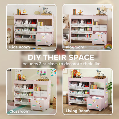 AIYAPLAY Kids Toy Storage Unit with 11 Bins, Cabinet, Top Shelves, 3 Stickers, for Nursery, Playroom, Pink
