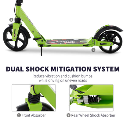 HOMCOM Kick Scooter, Folding 2 Wheel Scooter with Dual Brake System, Dual Suspension, 230mm Big Wheels and 3 Adjustable Handlebar, for 14+ Teens Adults, up to 100KG, Green