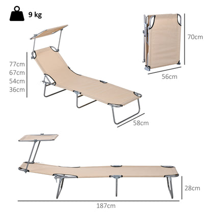 Outsunny Folding Sun Lounger Set of 2 with Canopy, Reclining Sunbed with 4-Position Adjustable Backrest, 600D Oxford Cloth, Portable Garden Lounger Recliner Chair for Beach, Camping, Patio, Sand