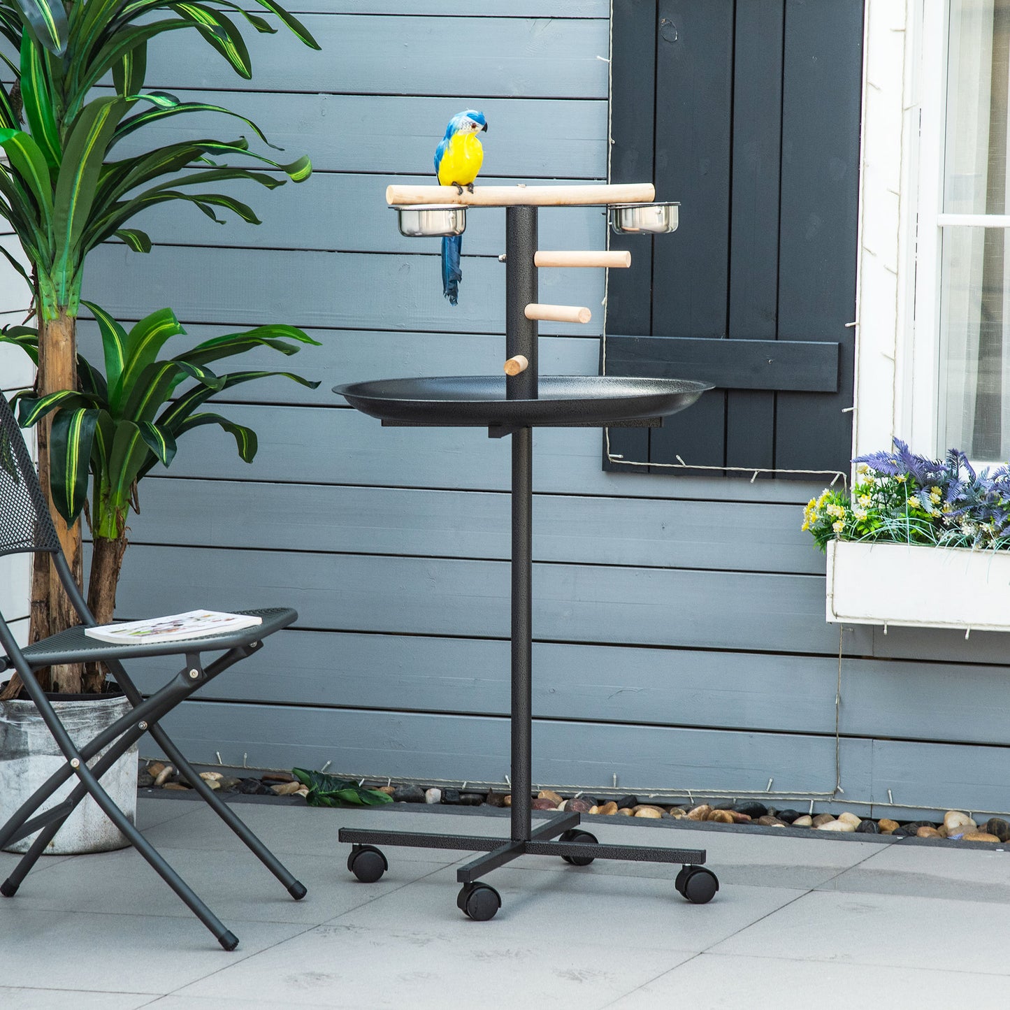 PawHut Parrot Perch Stand, Large Bird Play Stand, Metal Bird Table Feeder Station with Stainless Steel Bowls, Four Wheels, Round Tray, Black