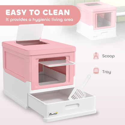PawHut Hooded Cat Litter Box, Portable Pet Toilet, with Scoop, Front Entry - Pink