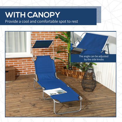 Outsunny Folding Sun Lounger Set of 2 with Canopy, Reclining Sunbed with 4-Position Adjustable Backrest, 600D Oxford Cloth, Portable Garden Lounger Recliner Chair for Beach, Camping, Patio, Blue