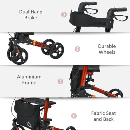 HOMCOM Rollator Walker with Seat, Compact Quick Folding Mobility Walker with 8" Wheels, Carry Bag, Adjustable Height, Cane Holder and Lightweight Aluminium Frame for Seniors and Disabled, Red