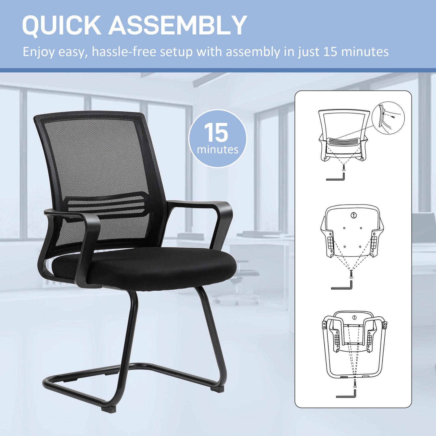 HOMCOM Ergonomic Desk Chair No Wheels, Padded Meeting Office Chair with Sled Base for Bedroom, Waiting, Reception, Black