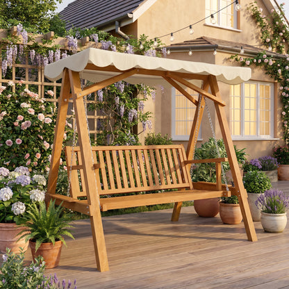 Outsunny 3 Seater Garden Swing Seat with Canopy, Wooden Swing Chair, Outdoor Hammock Bench for Balcony Patio Porch, Cream White