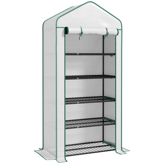Outsunny 5 Tier Widened Mini Greenhouse with Reinforced PE Cover, Portable Indoor Outdoor Green House with Roll-up Door and Wire Shelves, 90 x 49 x 193cm, White