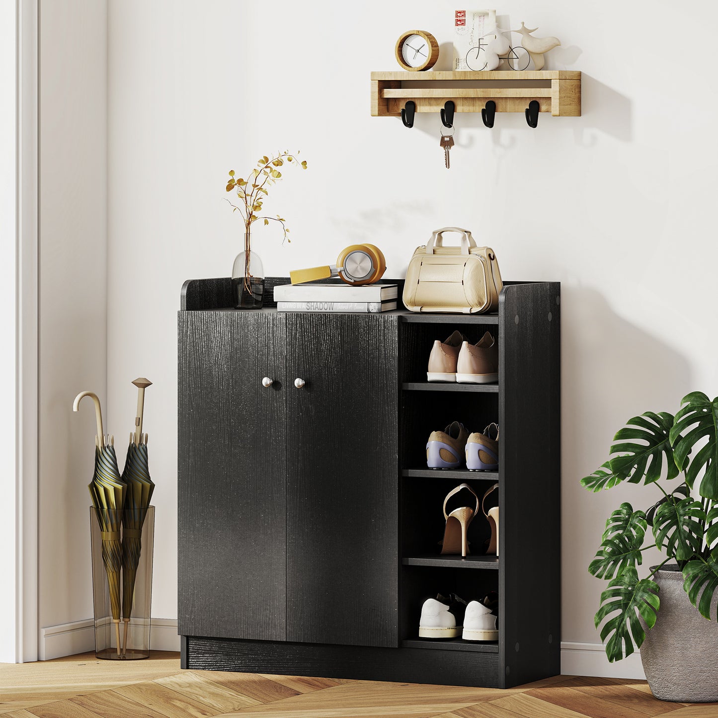 HOMCOM Shoe Storage Cabinet with Adjustable Shelves - Black
