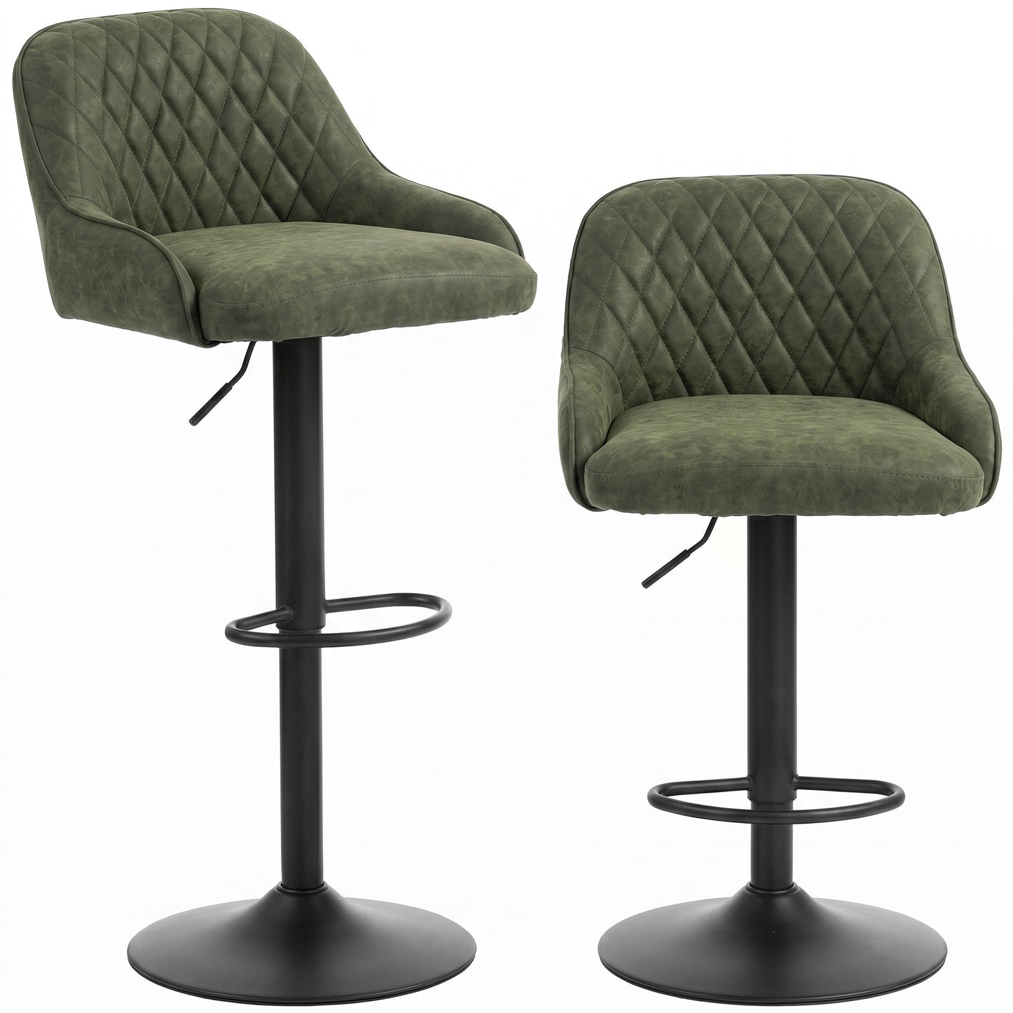 HOMCOM Bar Stools Adjustable Swivel Kitchen Chairs with Backrest Set of 2 for Kitchen Island Dark Green