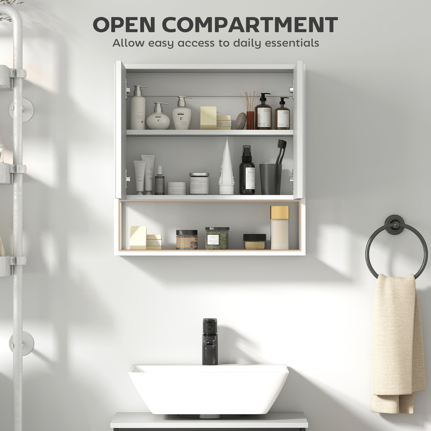 HOMCOM Bathroom Mirror Cabinet with Soft-Close Doors and Adjustable Shelf - White