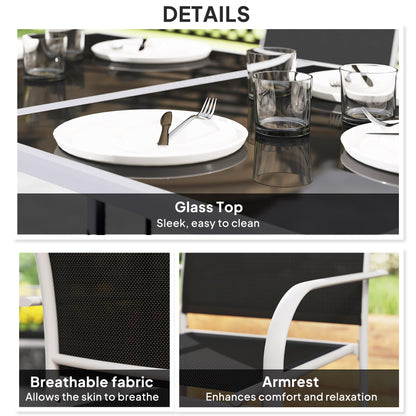 Outsunny 7 Piece Outdoor Garden Dining Set with Table and 6 Stackable Chairs, Steel Frame, Tempered Glass Top, Mesh Seats, Black