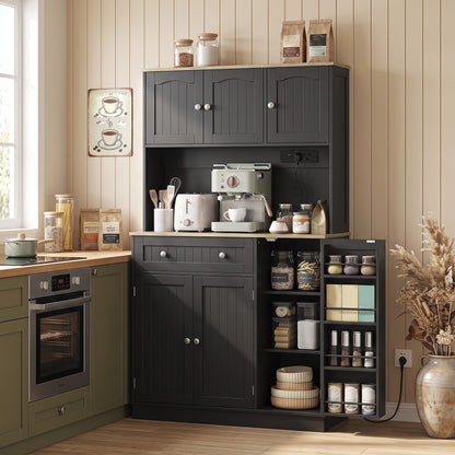 HOMCOM 173 cm Tall Kitchen Cupboard with Charging Station, Pantry Storage Cabinet with Adjustable Shelves and 4 Door Racks