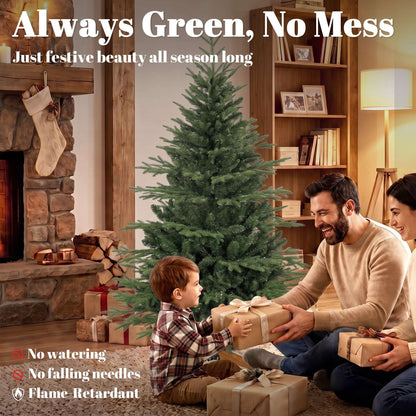 HOMCOM 150cm Artificial Christmas Tree Full Hinged Xmas Tree Solid Pine Wood Stand, Green
