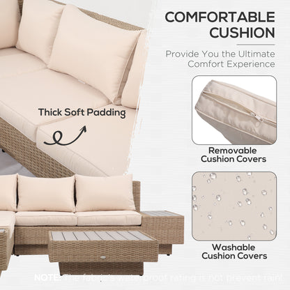 Outsunny 4 Pieces Rattan Garden Furniture Set, Garden Corner Sofa with Side Trays, Wicker Conservatory Furniture Set with Loveseats, Slatted Plastic Top Coffee Table and Cushions, Beige