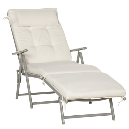 Outsunny Sun Lounger Steel Frame Outdoor Folding Chaise Texteline Lounge Chair Recliner with Headrest & 7 Levels Adjustable Backrest, Cream White