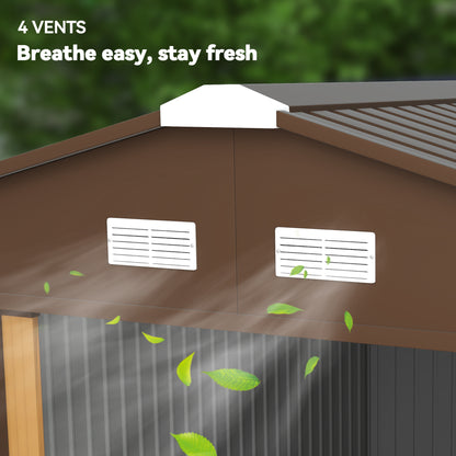 Outsunny 13 x 11ft Metal Garden Shed, Waterproof Outdoor Bike Storage Shed Galvanised with Vents, Foundation Kit, Apex Roof and Lockable Double Doors for Patio Lawn, Light Brown