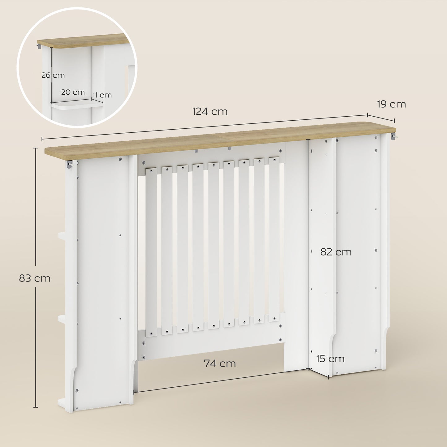 HOMCOM Radiator Cover with Open Storage Shelves, Vertical Slatted Cabinet Shelf Heater Cover for Living Room, Hallway, Medium, White