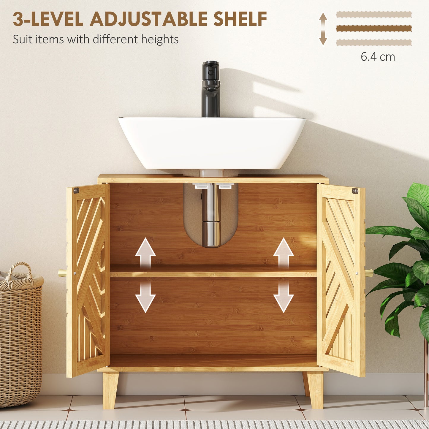 HOMCOM Bamboo Bathroom Under Sink Cabinet with Adjustable Shelf for Basin without Pedestal - Natural