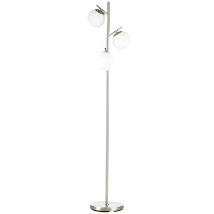 HOMCOM 3-Light Tree Floor Lamps for Living Room, Modern Standing Lamp for Bedroom with Globe Lampshade, Steel Base, Bulb not Included, Silver Tone