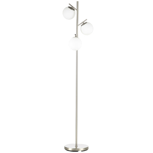 HOMCOM 3-Light Tree Floor Lamps for Living Room, Modern Standing Lamp for Bedroom with Globe Lampshade, Steel Base, Bulb not Included, Silver Tone