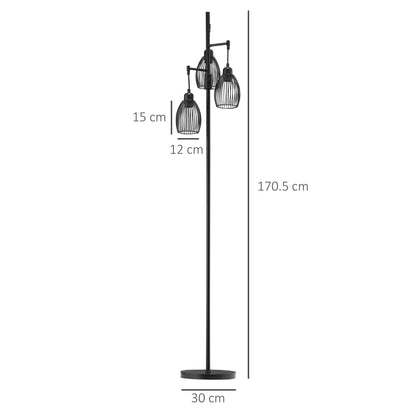 HOMCOM 3-Light Floor Lamp, 170cm Industrial Dimmable Standing Lamp with Steel Wire Cage Lampshades for Living Room, Bedroom, Dining Room, Study, Bulb Not Included, Black