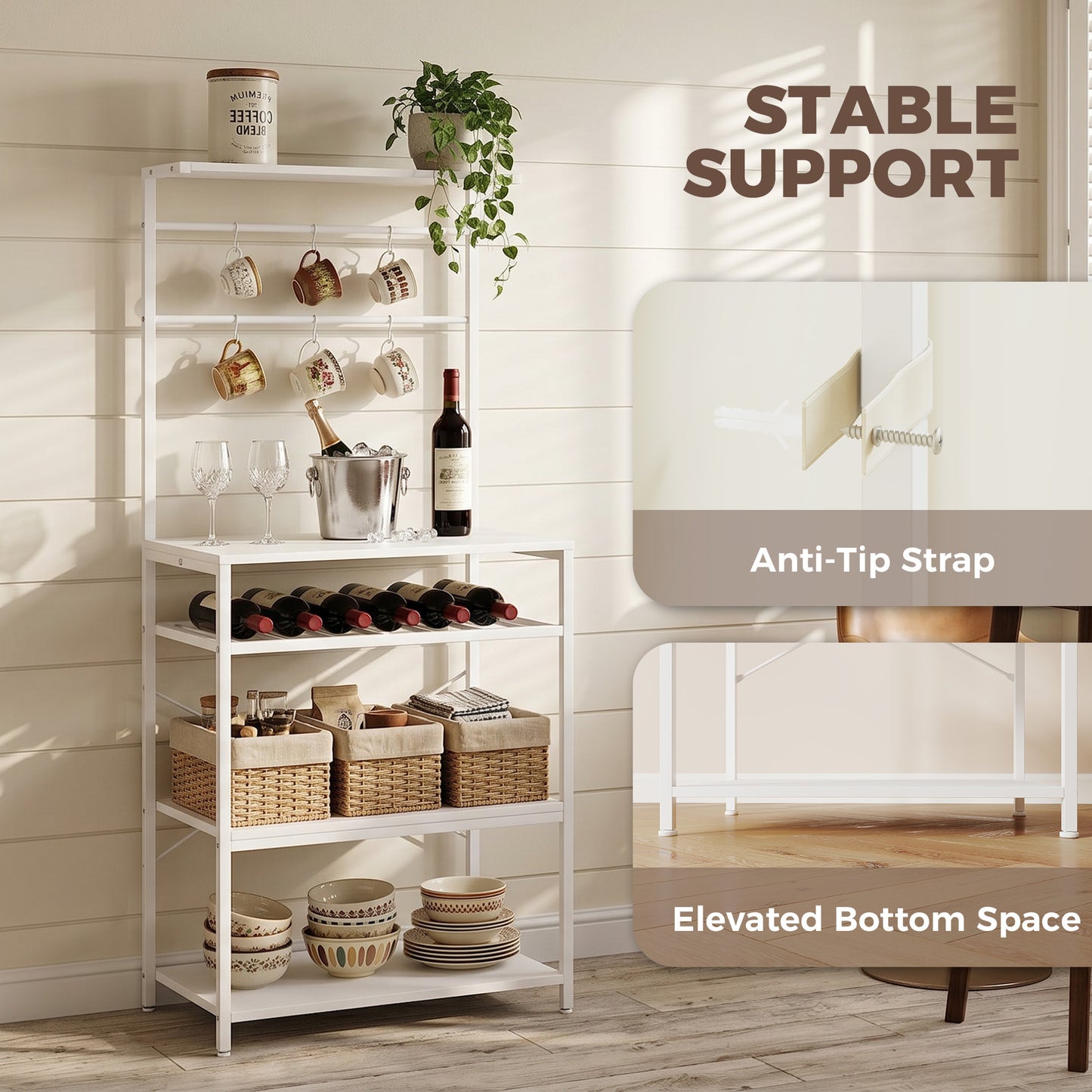 HOMCOM Freestanding Shelving Unit, Industrial Storage Shelf with 6 Hooks and Wine Rack for Living Room, Home Office, White