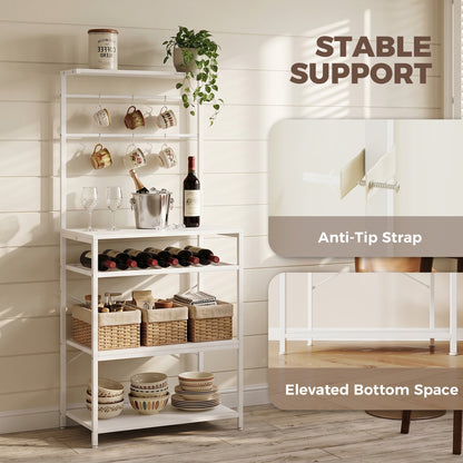 HOMCOM Freestanding Shelving Unit, Industrial Storage Shelf with 6 Hooks and Wine Rack for Living Room, Home Office, White