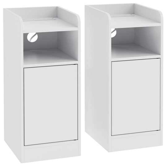 HOMCOM Slim Bedside Table Set of 2 with Charging Station, Narrow Bedside Cabinet with Adjustable Shelf, White