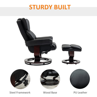 HOMCOM 360° Swivel Recliner Chair with Footstool, PU Leather Manual Recliner Armchair with Footstool, Solid Wood Base, Upholstered Reclining Chair for Living Room, Bedroom, Office, Black