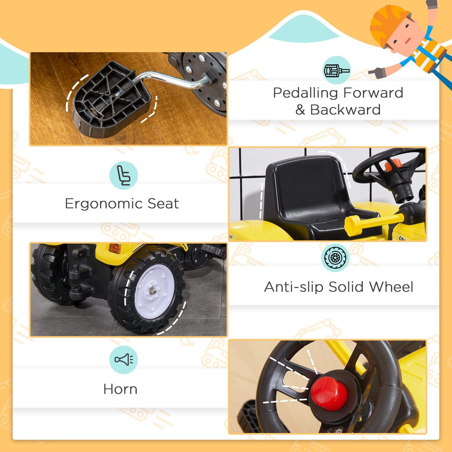 HOMCOM Ride On Tractor, Toddler Excavator Toy, Pretend Play Construction Truck with Adjustable Bucket, Horn for 3 Years+